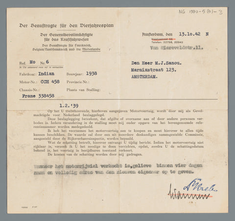 Document met bericht aan M.J. Sanou, The Commissioner for the Four-Year Plan, 1942 Canvas Print