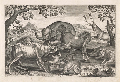 Fighting animals, Adriaen Collaert, 1595 - 1599 Canvas Print