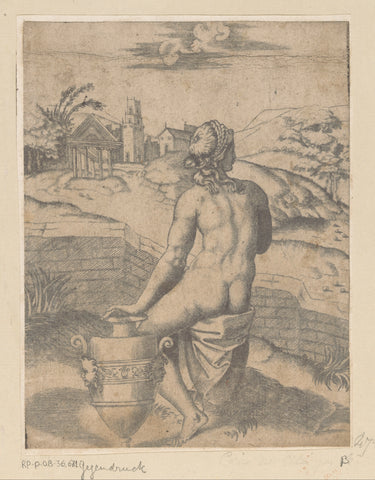 Woman seated by an amphora, Agostino Veneziano, 1500 - c. 1536 Canvas Print