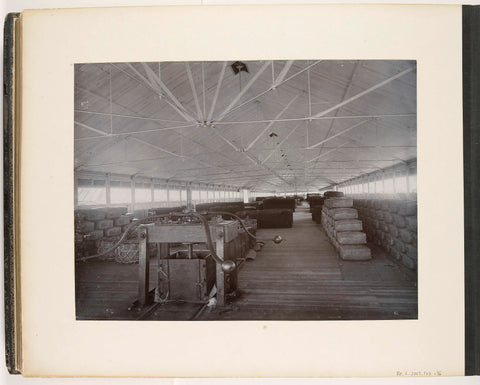 Interior of the fermenting barn with tobacco presses, Padang Tjermin Sumatra (Fermentierscheune Interieur Taback Pressen Pdg. Tjermin), Carl J. Kleingrothe, c. 1885 - 1900 Canvas Print