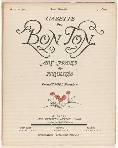 Gazette du Bon Ton. Art - Modes & Frivolités, No. 7 - 1921, 4th Year, Lucien Vogel, 1921 Canvas Print