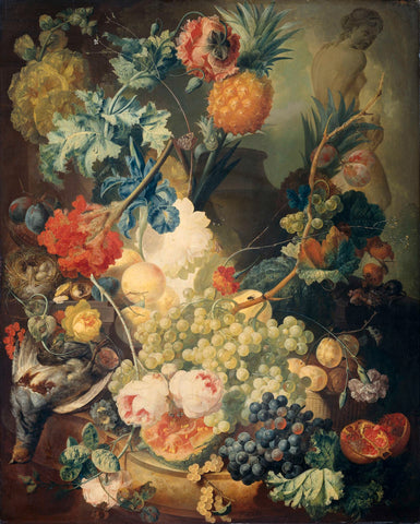 Still Life with Flowers, Fruit and Birds, Jan van Os, 1774 Canvas Print