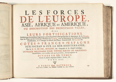 Titelpagina voor het prentwerk: The Forces of Europe, Asia, Africa and America (...) Comme aussi les Cartes des Côtes de France et d'Espagne (deel XIII), 1726, Pieter van der Aa (I), 1726 Canvas Print