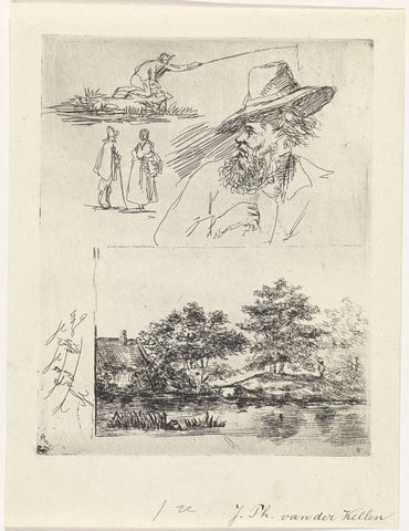 Study sheet with four figures and a landscape, Johan Philip van der Kellen, 1841 - 1878 Canvas Print