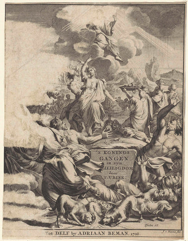 Christ on a cloud cover with happy and fleeing enemies, Jan van Vianen, 1706 Canvas Print