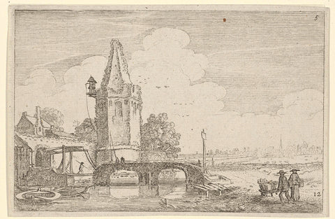 Landscape with a tower and a bridge over the river Niers, Jan van de Velde (II), 1616 Canvas Print