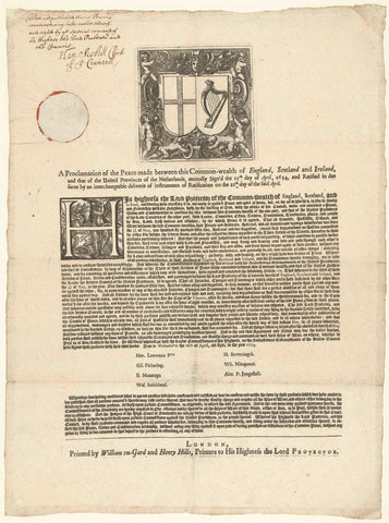 Official Proclamation of the Treaty of Westminster, 15 April 1654, anonymous, 1654 Canvas Print