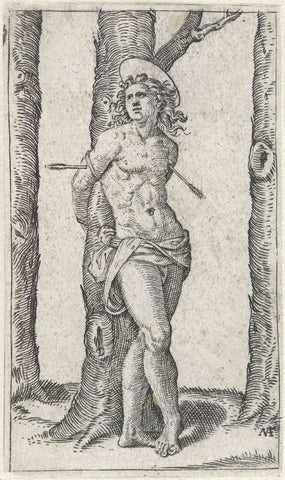 Saint Sebastian tied to tree with arrows in body, Marcantonio Raimondi, 1500 - 1527 Canvas Print