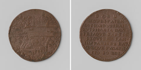 Maurits, Count of Nassau, secures Utrecht by taking Zutphen and Deventer and repelling the Spanish attack on the fort Knotsenburg near Nijmegen, calculation medal struck by order of the States of Utrecht, anonymous, 1591 Canvas Print