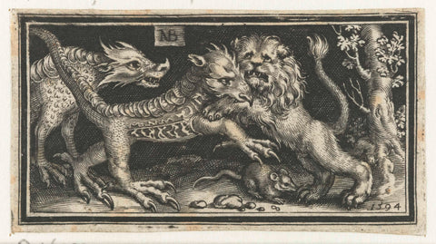 Lion in battle with fantasy creatures, Nicolaes de Bruyn, 1594 Canvas Print