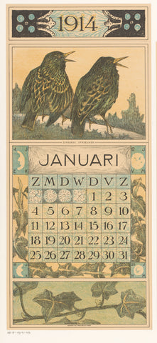 Calendar sheet January with starlings, Theo van Hoytema, 1913 Canvas Print