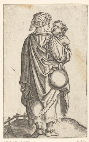 Woman with turban or headscarf and jug carries child on arm, Marcantonio Raimondi (possibly), 1510 - 1575 Canvas Print