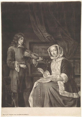 Man Playing a Violin and a Woman Singing, Jacob Gole, 1680 - 1700 Canvas Print