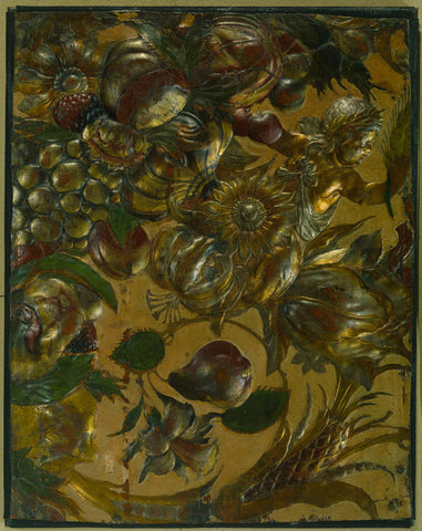 Fragment gilded leather with embossed ornament with tendrils, flowers, fruits and a putto, anonymous, c. 1650 - c. 1675 Canvas Print