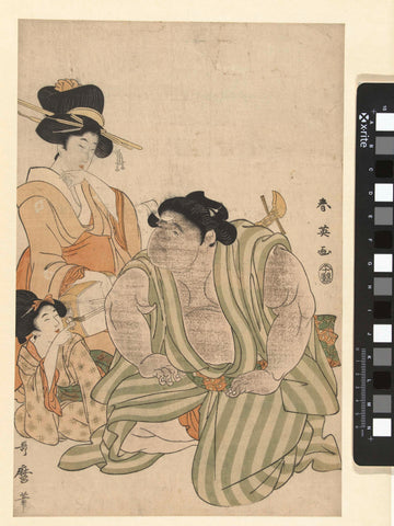 Wrestler and two women, Katsukawa Shunei, 1785 - 1790 Canvas Print