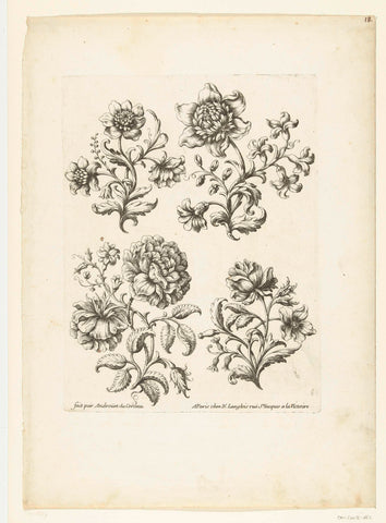 Four twigs with flowers, Paul Androuet Ducerceau, c. 1670 - c. 1685 Canvas Print