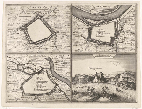 Maps of Straelen, Venlo and Roermond and view of the castle of Argenteau, 1632, Pieter Hendricksz. Schut (attributed to), 1651 Canvas Print