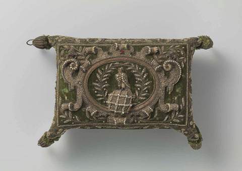 Jewel box of wood, covered with green velvet and decorated in high relief with gold and silver wire and river pearls, anonymous, c. 1550 - c. 1624 Canvas Print