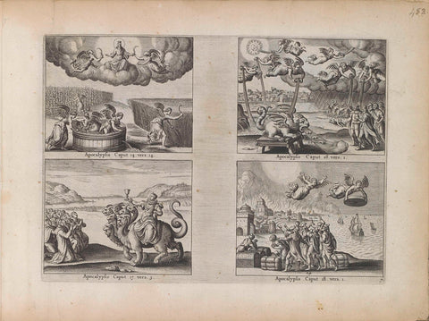 Harvesting with sickle and wine press / Seven plagues / Whore of Babylon / Fall of Babylon, anonymous, 1643 Canvas Print