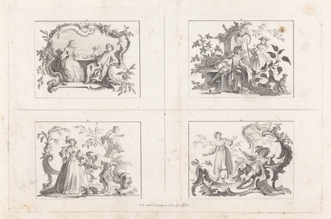 Four scenes with pipe-smoking men and women, Johann Esaias Nilson, 1731 - 1788 Canvas Print