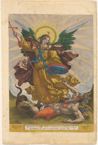 The archangel Michael defeats the devil, Hieronymus Wierix, 1585 Canvas Print