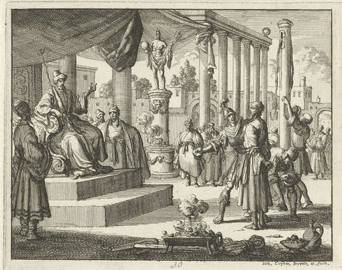 Taracus during his interrogation with a stone struck on the mouth, Jan Luyken, 1685 Canvas Print