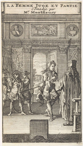 Octave indicates Julie Bernadille led in by two servants, Caspar Luyken, 1698 Canvas Print