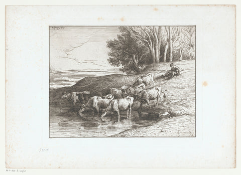 Shepherd with cows at a watering hole, Charles Emile Jacque, 1850 Canvas Print