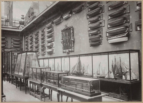 Courtyard with ship models in display cabinets and half models of ships next to a portrait on the wall, c. 1939 - c. 1970 Canvas Print