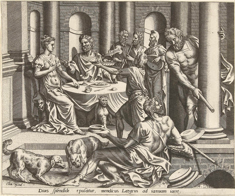 Lazarus begs in front of the house of the rich man, Hans Collaert (I) (possibly), c. 1560 Canvas Print