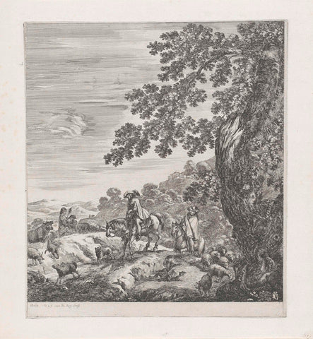 Two horsemen amidst a flock of sheep, Stefano della Bella, 1620 - 1664 Canvas Print