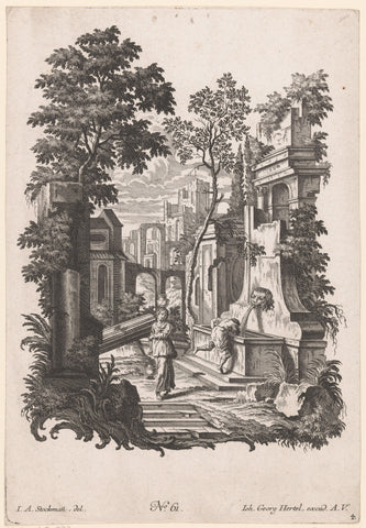 Two figures at a fountain in a ruin landscape, anonymous, c. 1750 - c. 1799 Canvas Print