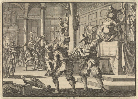 King Frederick of Bohemia had the statues removed from the Castle Church in Prague, 1619, Jan Luyken, 1698 Canvas Print