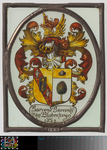 Diamond with coat of arms and text 