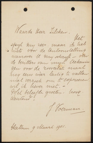 Letter to Philip Zilcken, Jan Voerman (1857-1941), 1901 Canvas Print