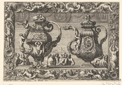 Two jugs in ornamental frame, Jean Lepautre, after 1628 - before 1664 Canvas Print