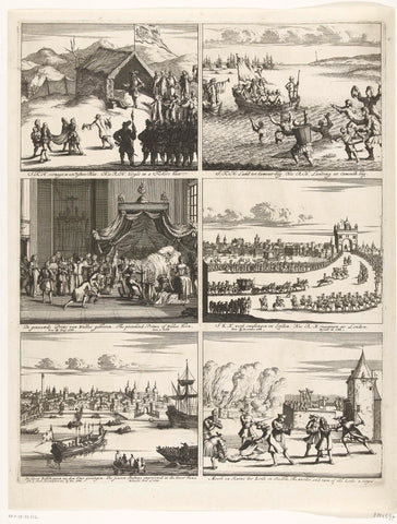 Six representations of the arrival of William III in England, 1688, anonymous, 1688 Canvas Print