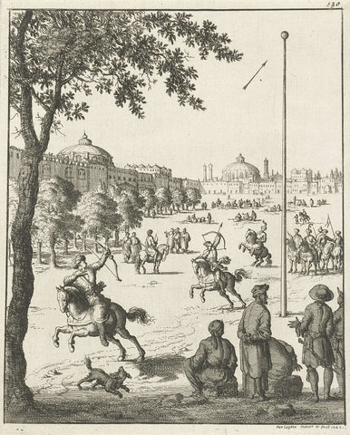 Shooting exercises of Persians on horseback with bow and arrow, Jan Luyken, 1682 Canvas Print