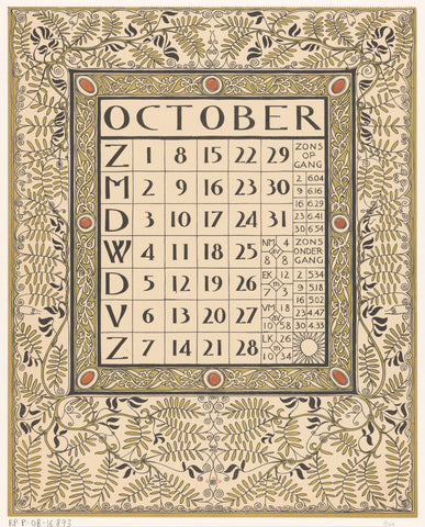 Calendar sheet for October 1899, Gerrit Willem Dijsselhof, 1898 Canvas Print