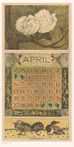 Calendar sheet April with two pigeons, Theo van Hoytema, 1912 Canvas Print