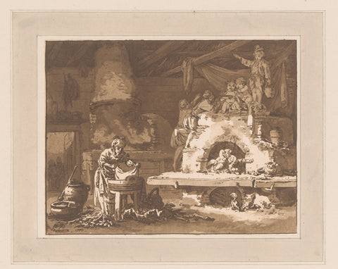 Interior with laundry lady and children playing on a stove, Jean Baptist Leprince, 1771 Canvas Print