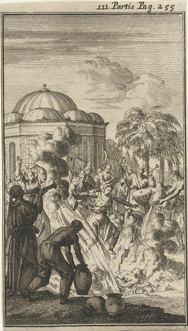 Burning of the corpse of a Brahmin in which the widow plunges into the flames, Jan Luyken, 1689 Canvas Print