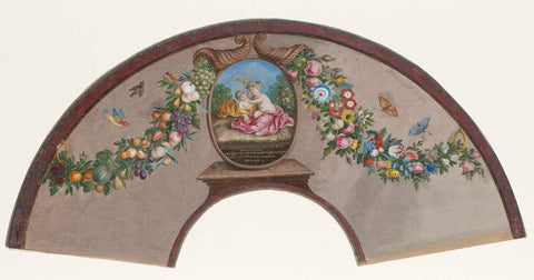 Fan leaf of parchment(?) on which with tempera at the front a 'Floralia' with Vestal virgins and on the back a medallion with two playing, naked children and a poem, between two cornucopias, birds and butterflies, anonymous, c. 1700 Canvas Print