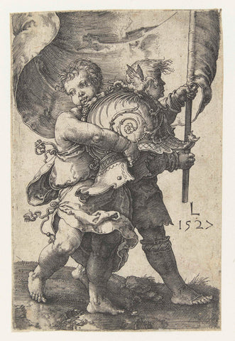 Twee jongetjes met een helm en een vaandel, Lucas van Leyden, 1527 Canvas Print