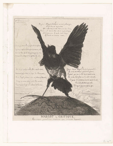 Magpie stands with spread wings and pen screw in leg on a globe with map of Paris, Félix Bracquemond, 1858 Canvas Print