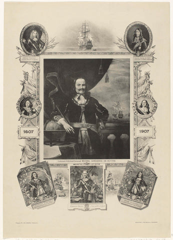 Sheet with reproductions of painted portraits of Michiel de Ruyter (by Ferdinand Bol, 1667, SK-A-44) and (as a border decoration) other naval heroes, unknown, 1907 Canvas Print