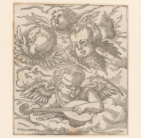 Three cherubim and a putto with a lute, anonymous, Jost Amman, 1580 Canvas Print