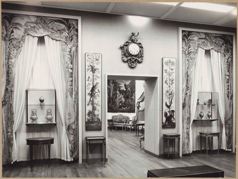 Room with tables, draped textiles, a clockwork and a passage with panels on both sides with plant and animal motifs, 1964 Canvas Print