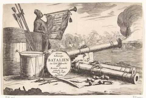 Title print with the equipment of a warship and a trumpet player at a firing cannon, c. 1652-1654, Reinier Nooms, 1652 - 1654 Canvas Print