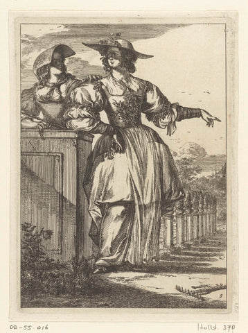 Figures à la mode, no. 8: two women in sun hats, standing by a wall, Romeyn de Hooghe, 1670 - 1685 Canvas Print